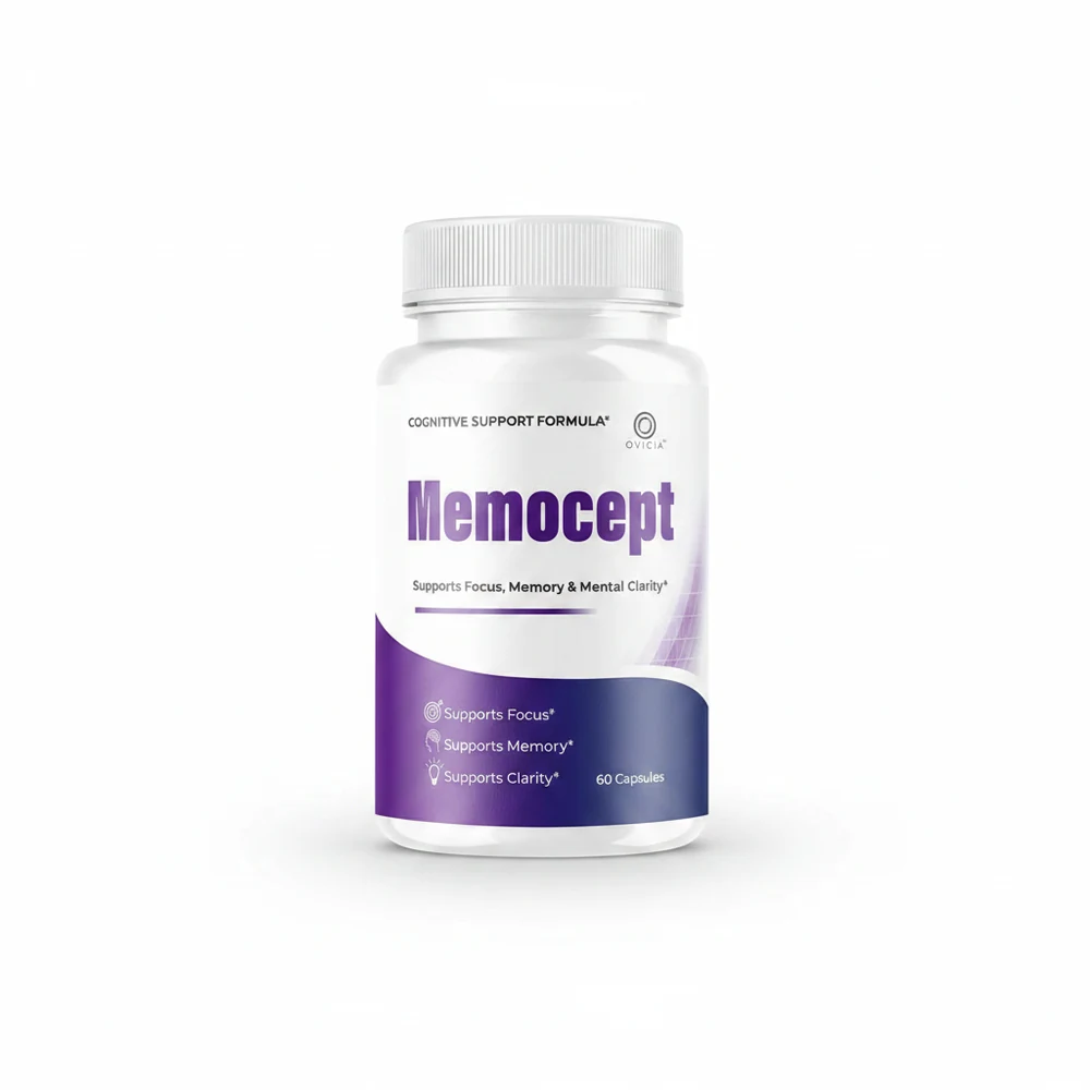 Memocept bottle of cognitive support capsules photographed on a plain background