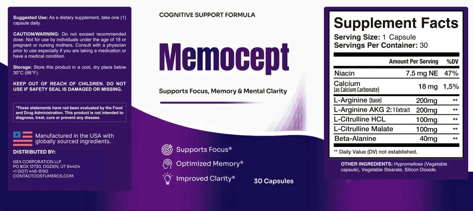 Memocept supplement facts label panel, suggested use and directions